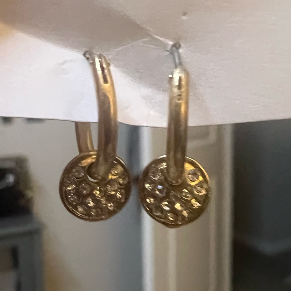 Brushed Gold Hoop Earrings with Hanging Rhinestone Disc